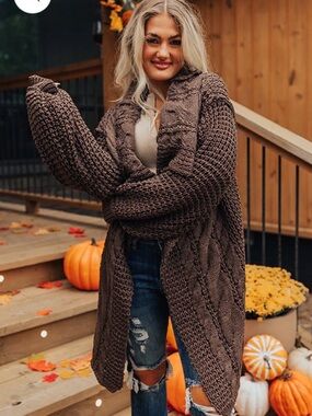 POL Oversized Chunky Cable Knit Open-Front Cardigan - Brown